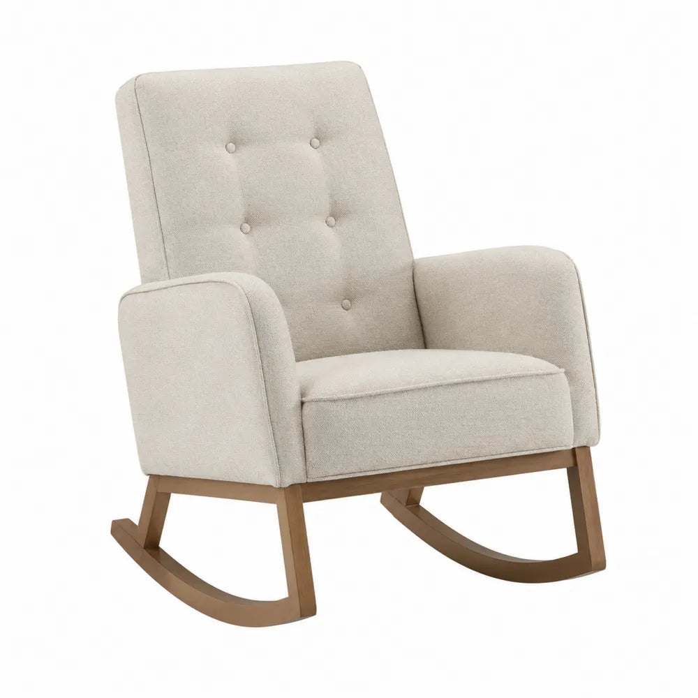 Silla mecedora de poliéster beige con estructura de madera de haya