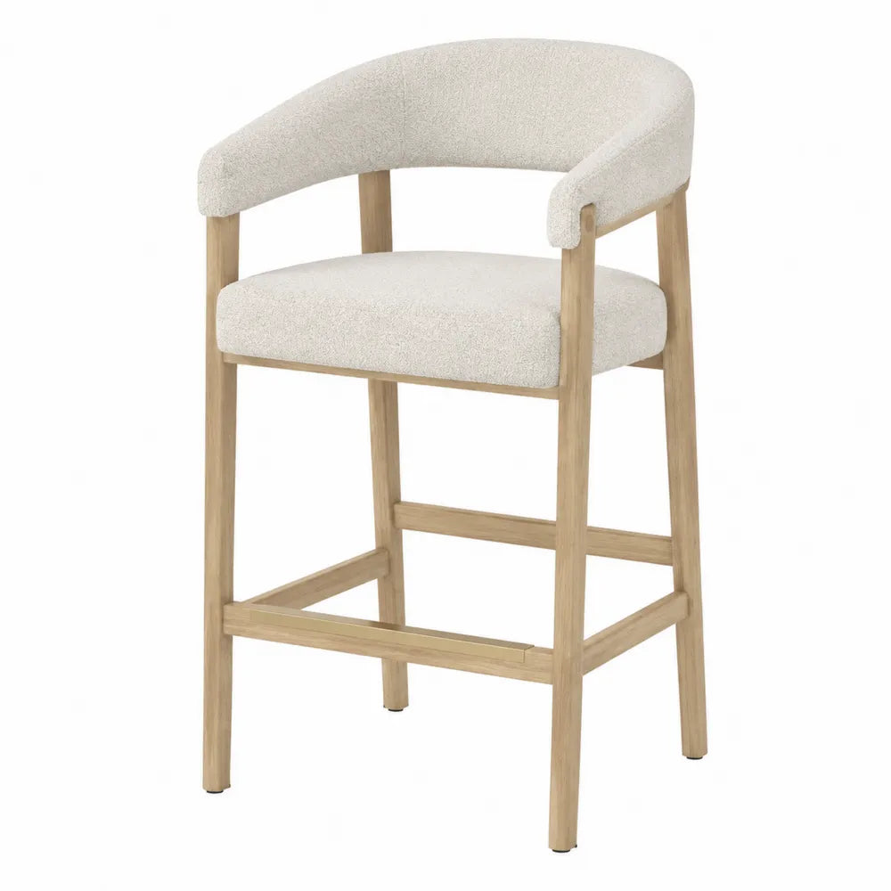 Taburete de barra de poliéster beige con estructura de madera de roble