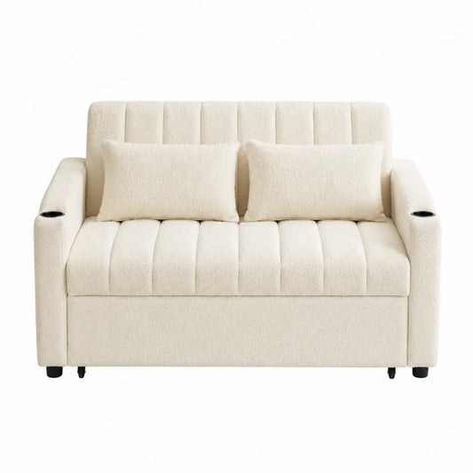 Sofá cama de 2 plazas en bouclé con cojines, estructura de madera y acero, beige