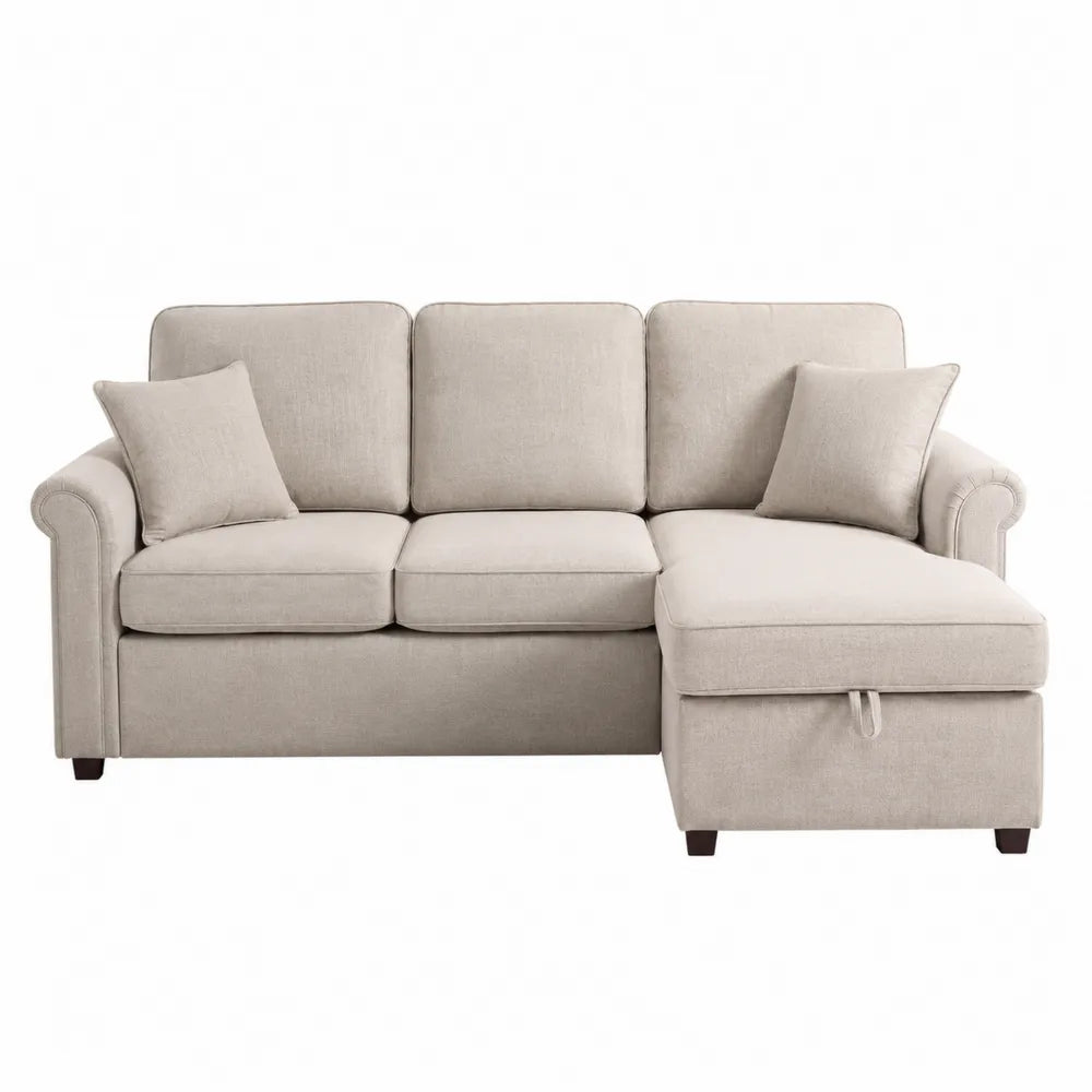 Sofá chaise longue de tela poliéster beige con almacenamiento
