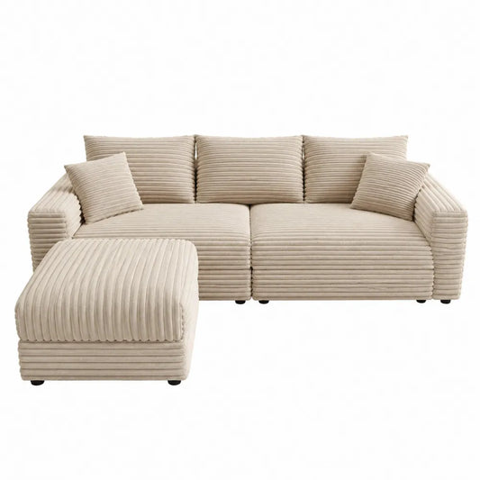Sofá rinconero de pana en forma de L con otomana beige