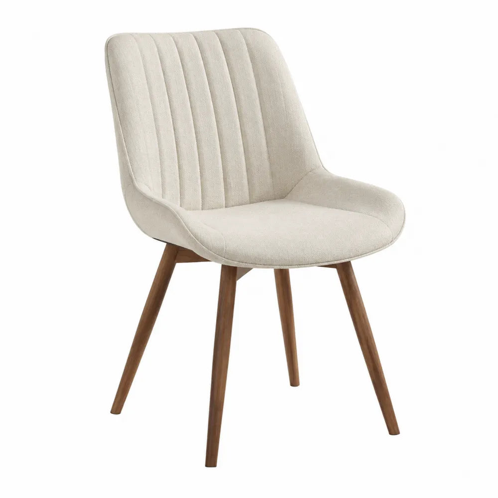 Silla de tela beige con patas de madera
