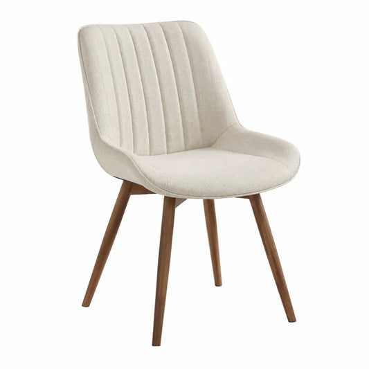 Silla de tela beige con patas de madera