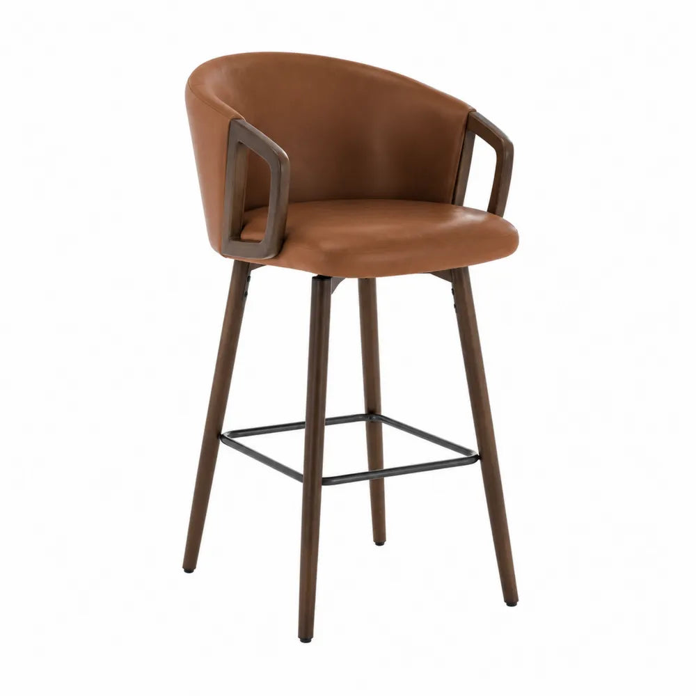 Taburete de bar de cuero sintético marrón con estructura de acero