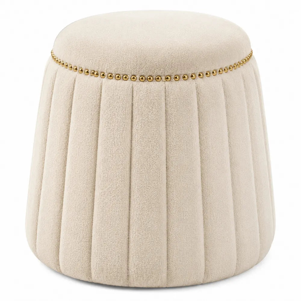 Taburete de terciopelo beige con tachuelas doradas, altura 45 cm, diámetro 35 cm