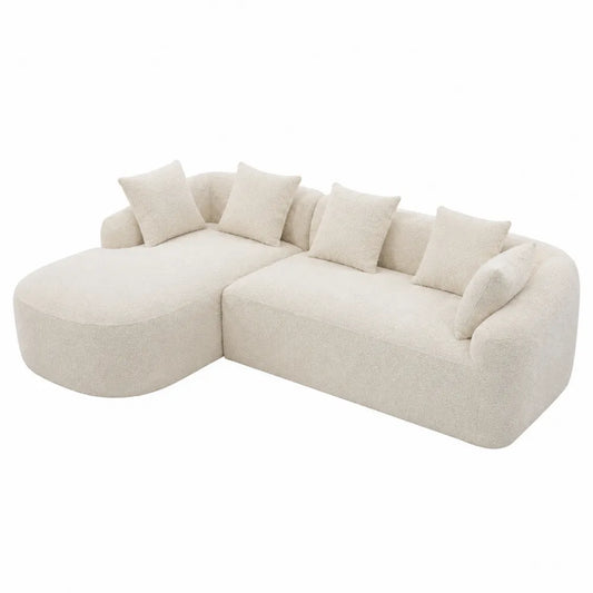 Sofá seccional en L de tela bouclé beige con cojines removibles