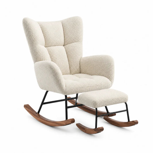 Sillón mecedora de tela bouclé crema y metal con reposapiés