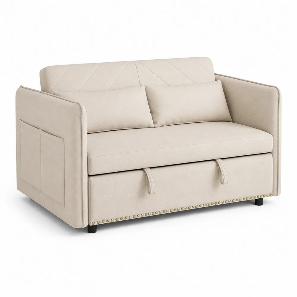 Sofá cama de madera y poliéster beige con almacenaje