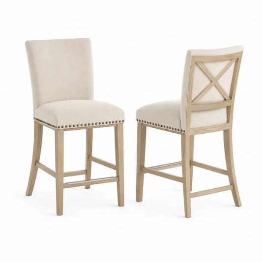 Conjunto de 2 sillas de bar de madera con tapizado beige