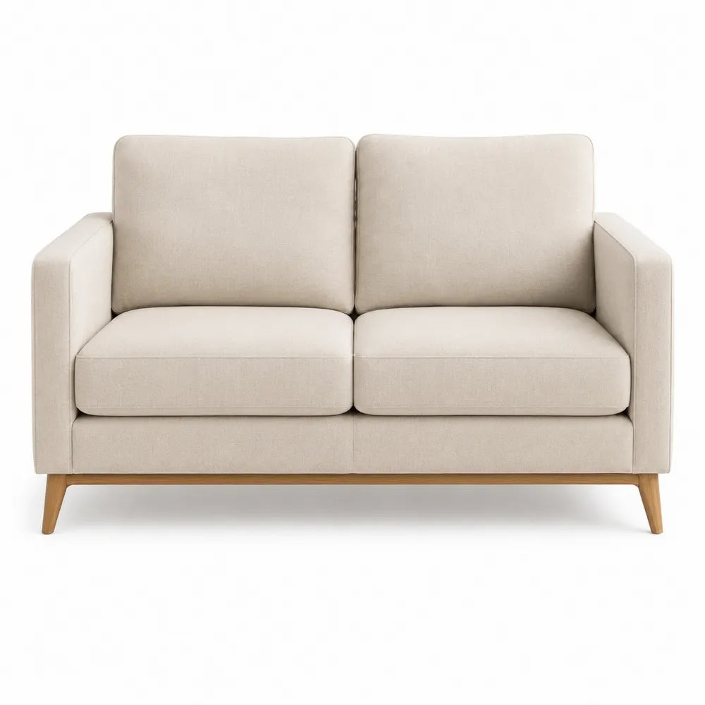 Sofá de 2 plazas en tela beige con patas de madera