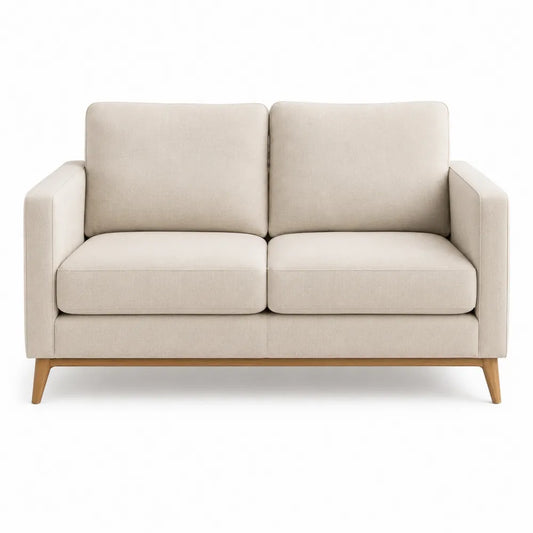 Sofá de 2 plazas en tela beige con patas de madera